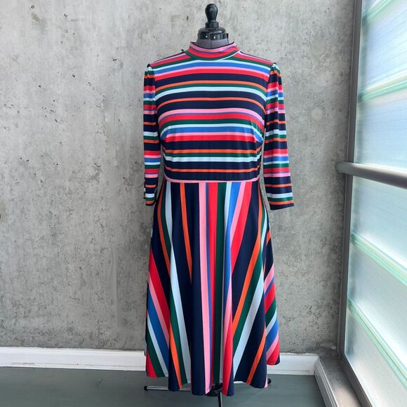 Eloquii Size 18 Striped Fit & Flare Midi Dress Bold Maximalist Dopamine Dressing - Picture 2 of 12